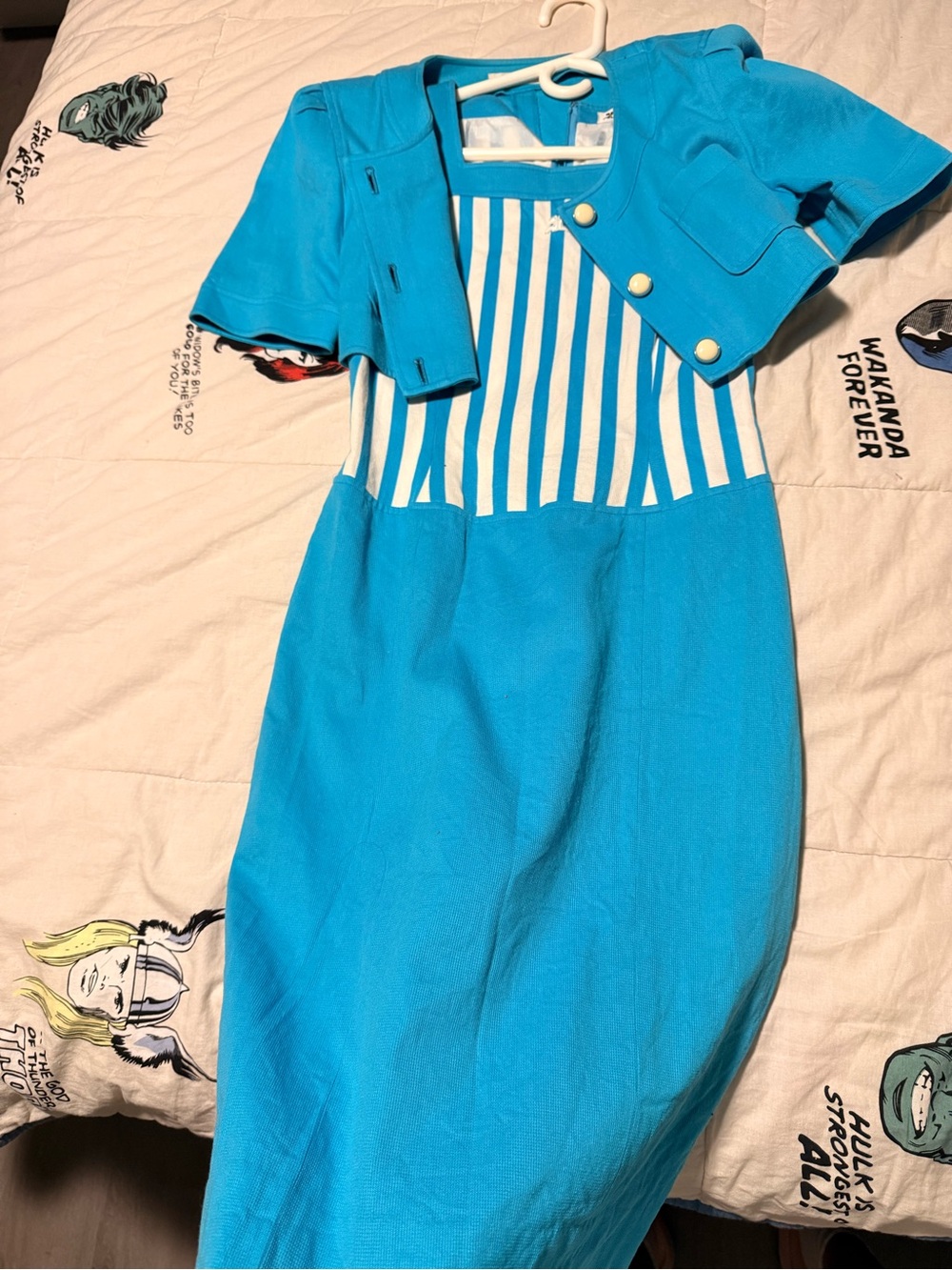 Correges Sky Blue Striped Bodice Dress with Matching Bolero